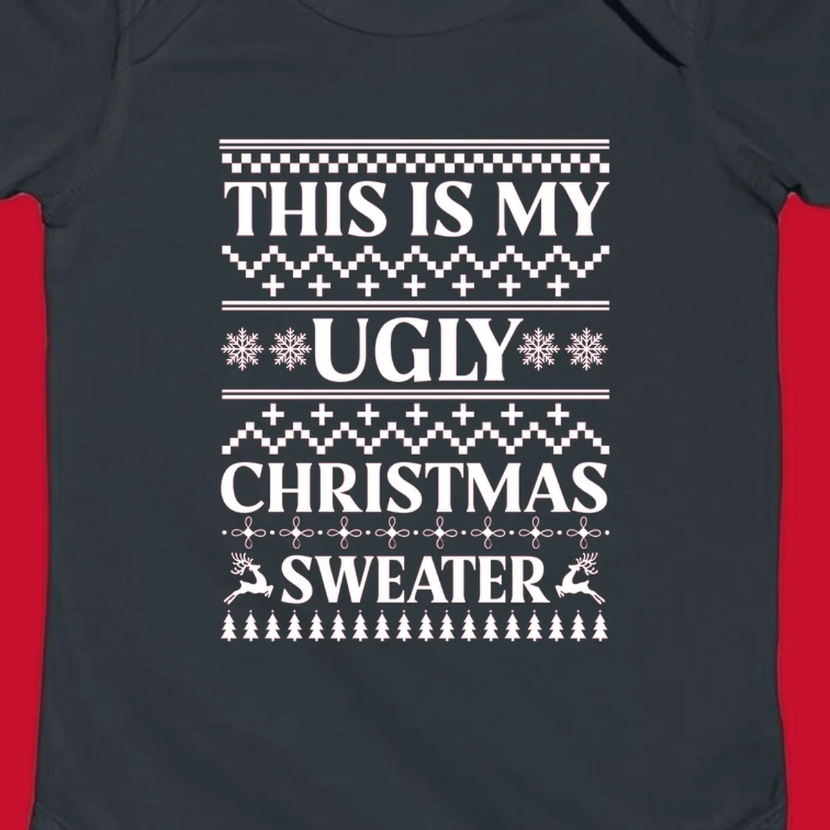 Ugly Christmas Sweater design with text, snowflakes, reindeer, and trees.