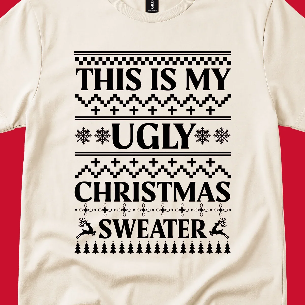 Ugly Christmas Sweater design with text, snowflakes, reindeer, and trees.