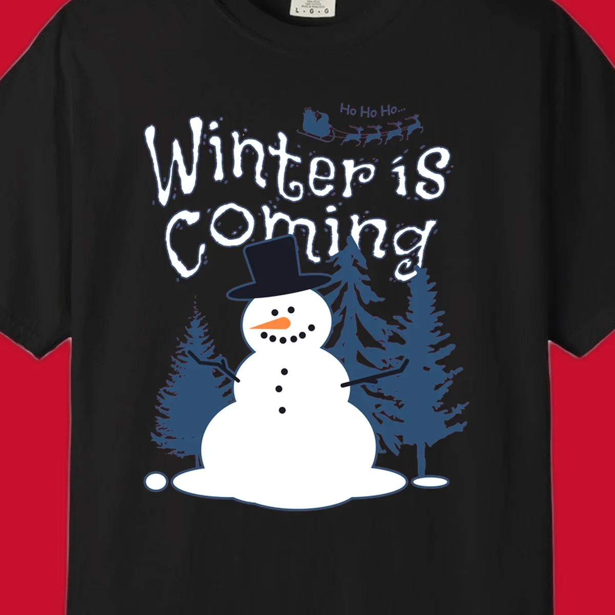Winter is coming snowman with trees and Santa sleigh illustration.