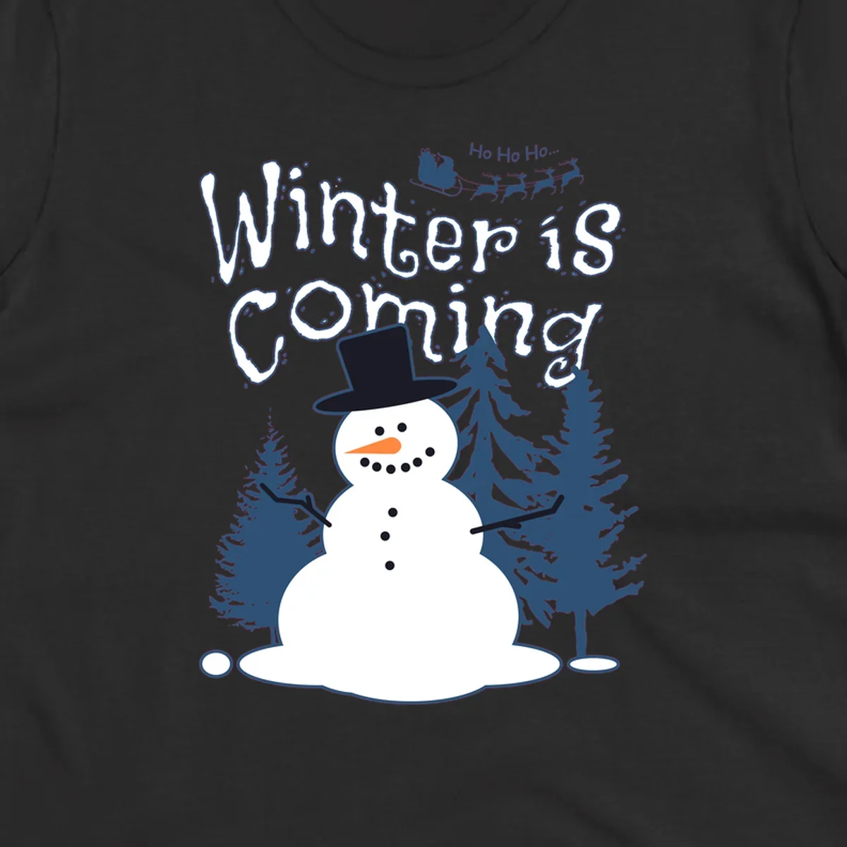 Winter is coming snowman with trees and Santa sleigh illustration.