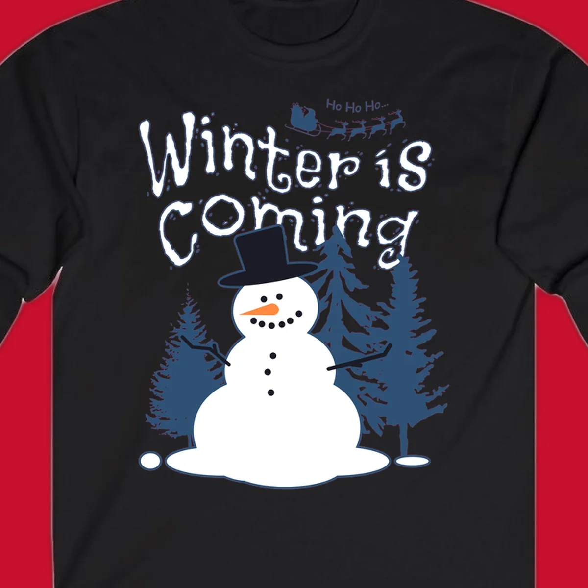 Winter is coming snowman with trees and Santa sleigh illustration.