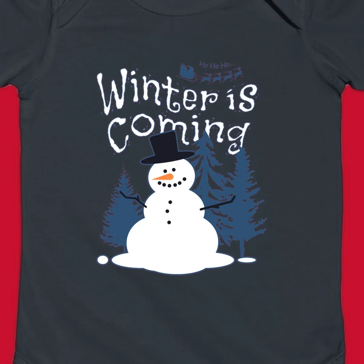 Winter is coming snowman with trees and Santa sleigh illustration.