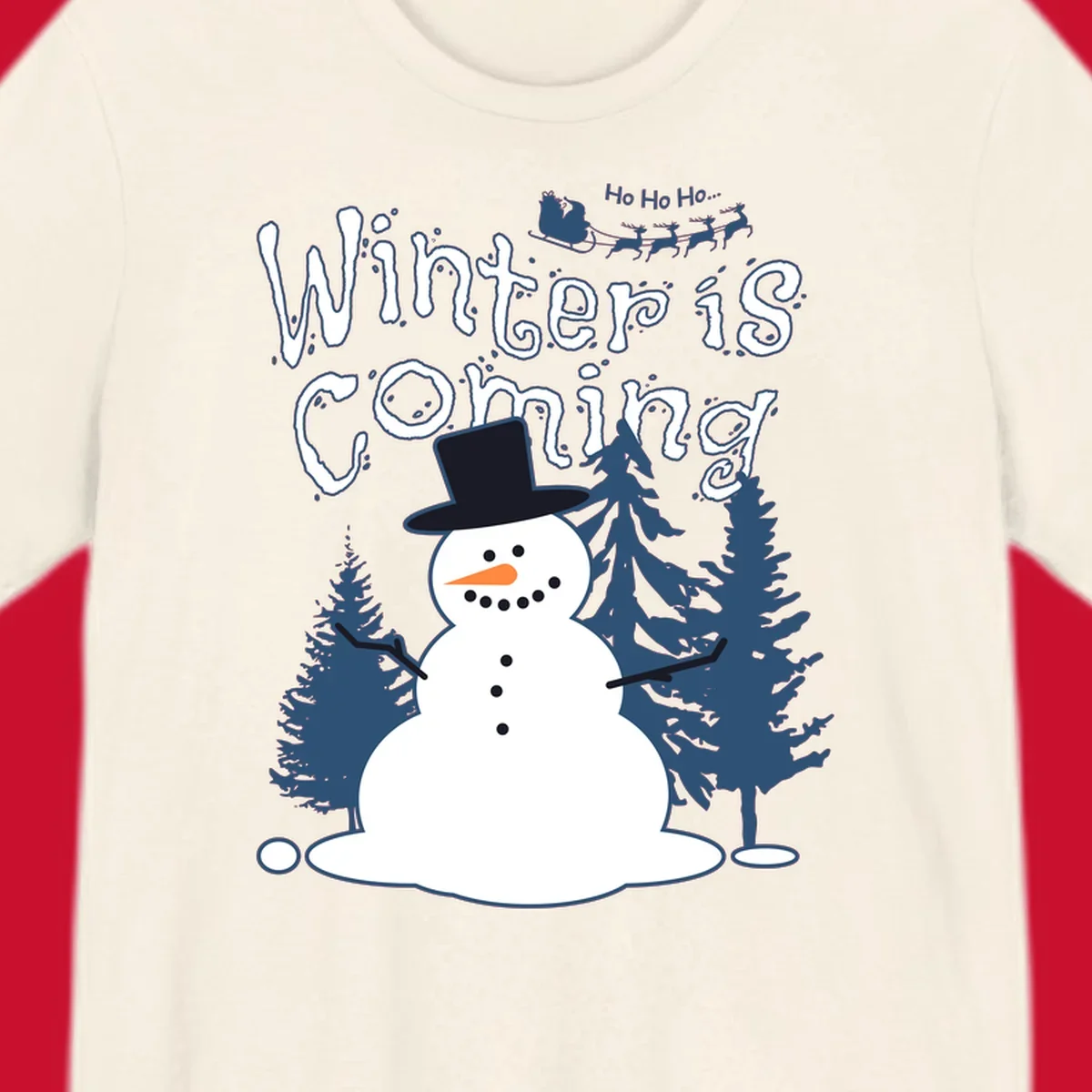 Winter is coming snowman with trees and Santa sleigh illustration.