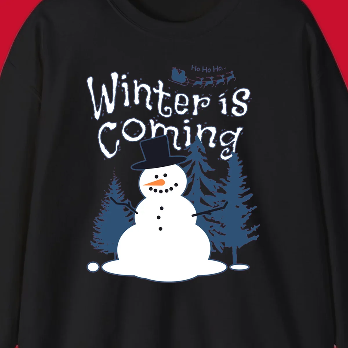 Winter is coming snowman with trees and Santa sleigh illustration.