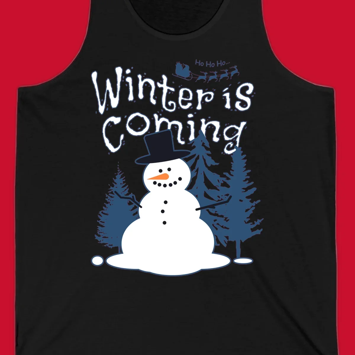 Winter is coming snowman with trees and Santa sleigh illustration.