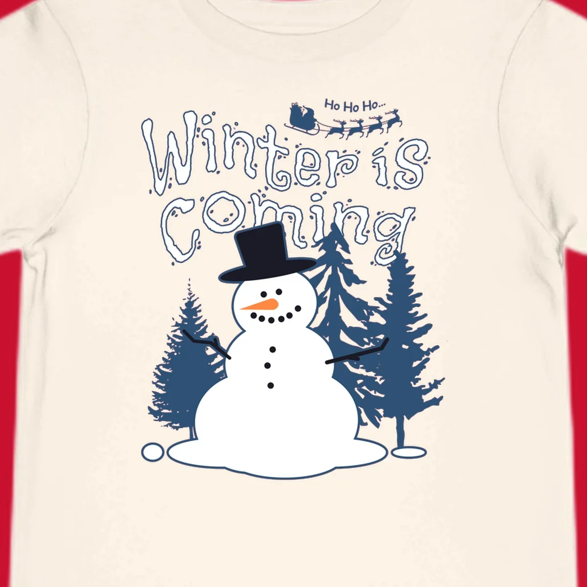 Winter is coming snowman with trees and Santa sleigh illustration.