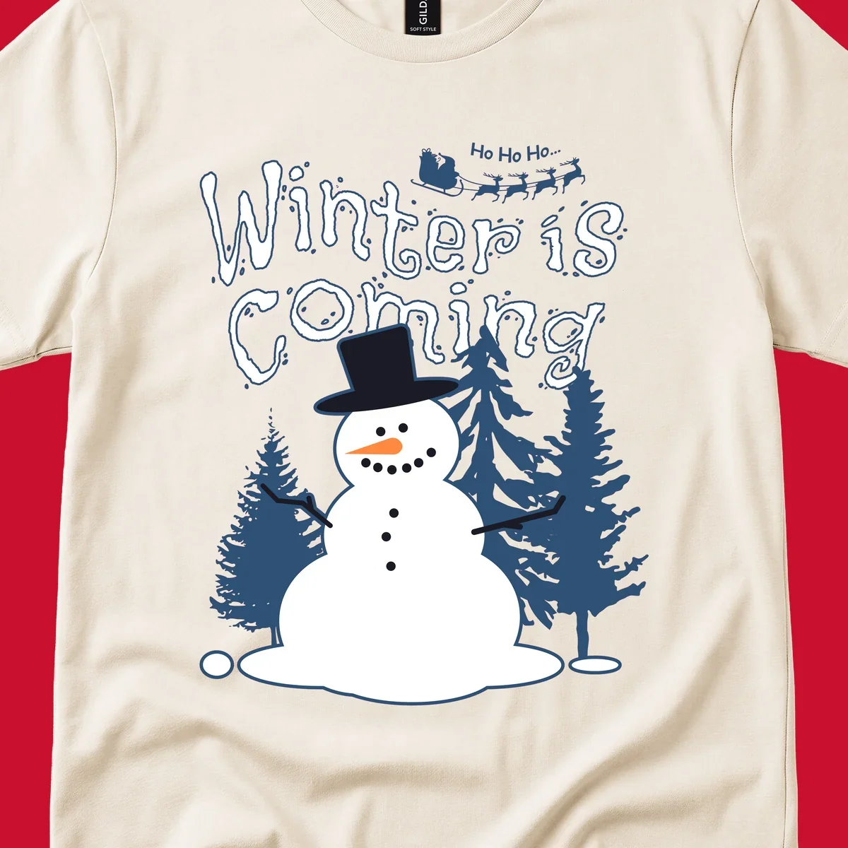 Winter is coming snowman with trees and Santa sleigh illustration.