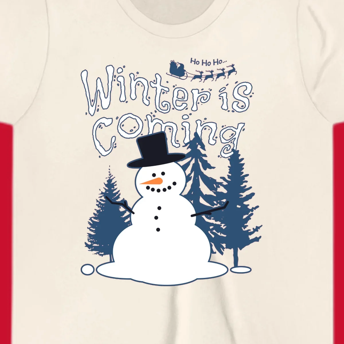 Winter is coming snowman with trees and Santa sleigh illustration.
