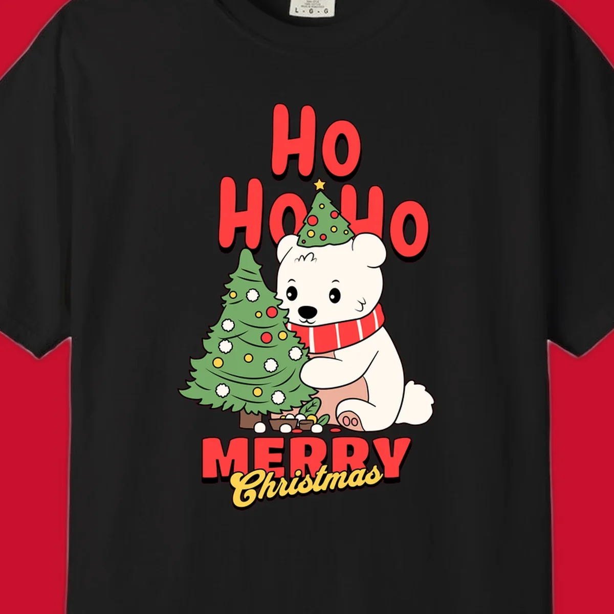 Polar bear with christmas tree and text HO HO HO MERRY Christmas