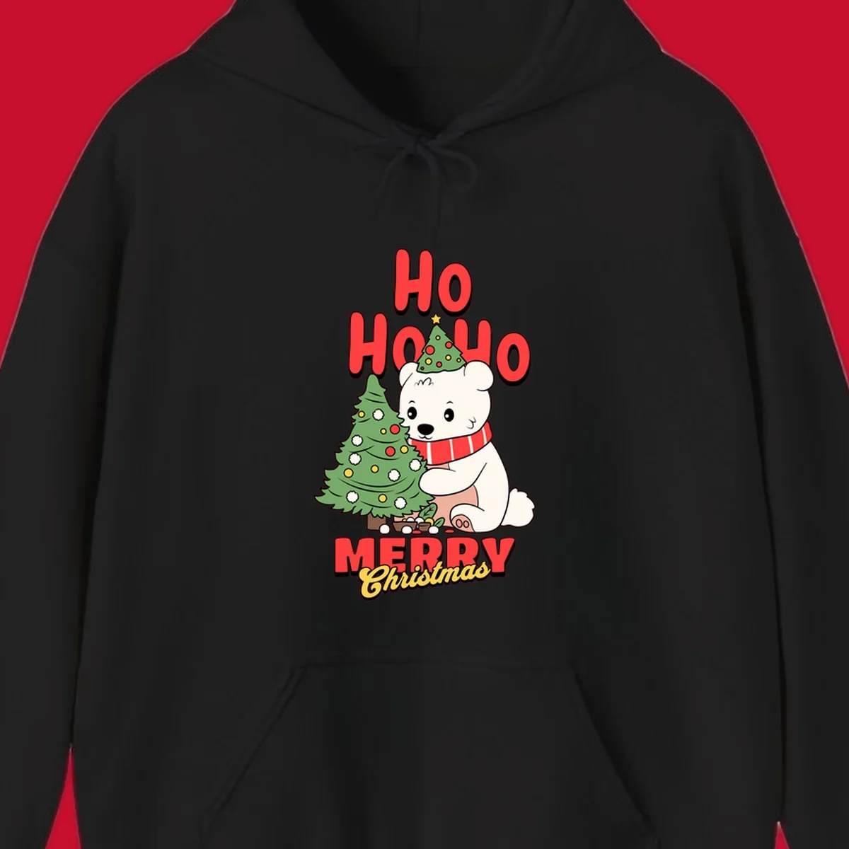 Polar bear with christmas tree and text HO HO HO MERRY Christmas