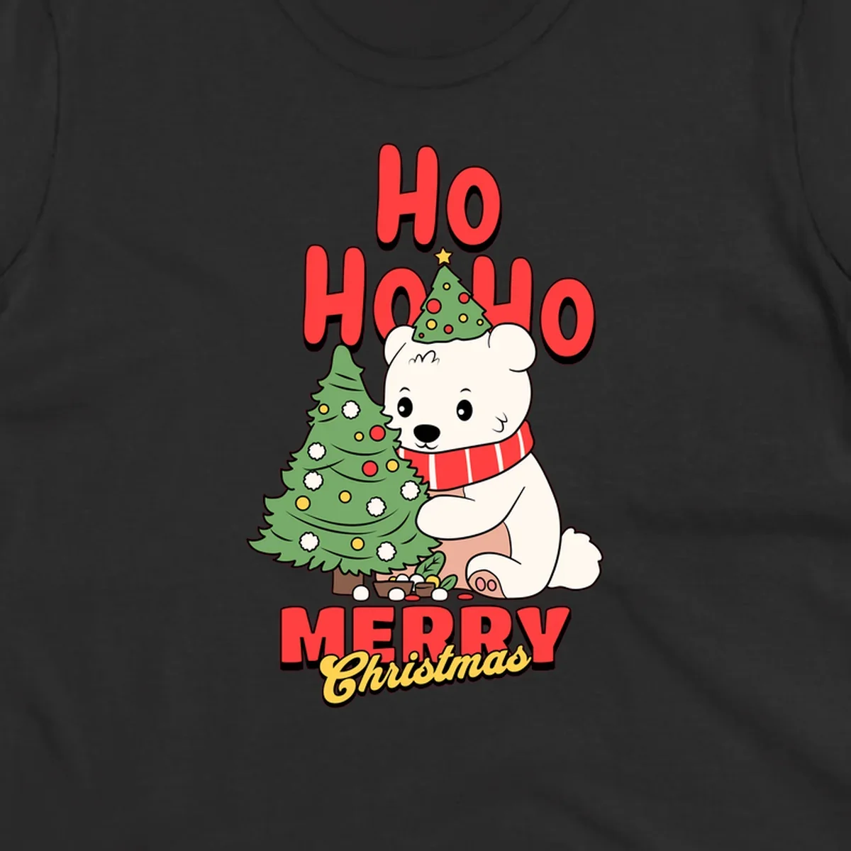 Polar bear with christmas tree and text HO HO HO MERRY Christmas