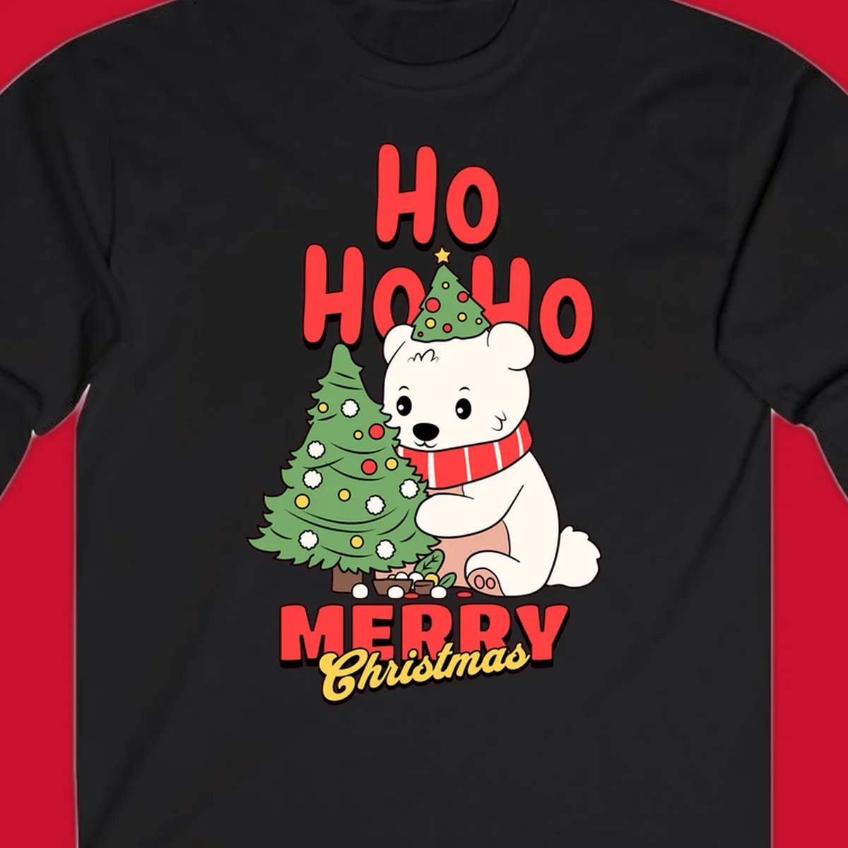 Polar bear with christmas tree and text HO HO HO MERRY Christmas