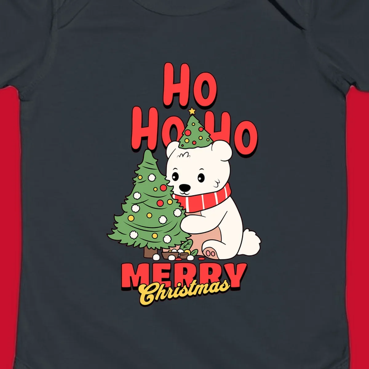 Polar bear with christmas tree and text HO HO HO MERRY Christmas