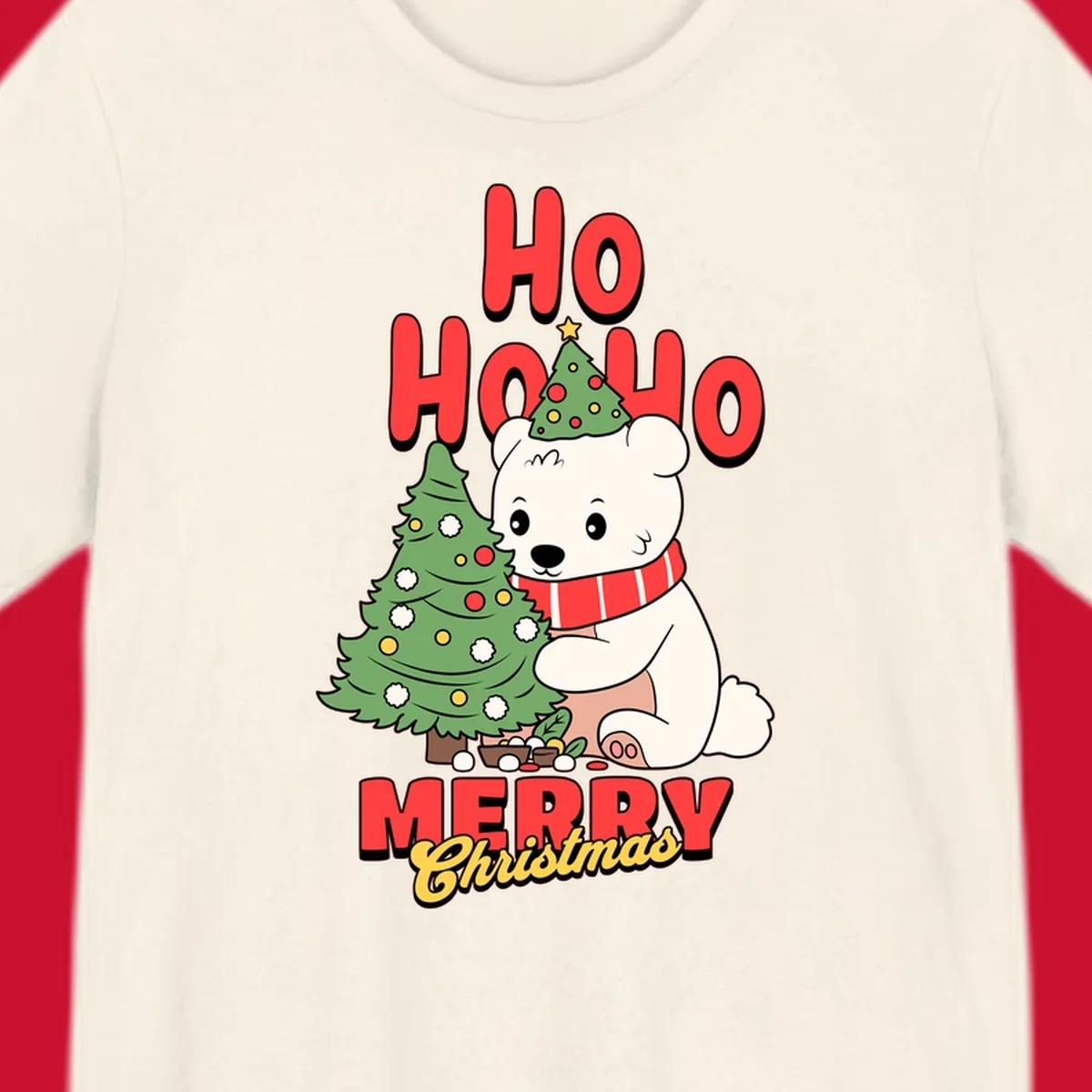 Polar bear with christmas tree and text HO HO HO MERRY Christmas