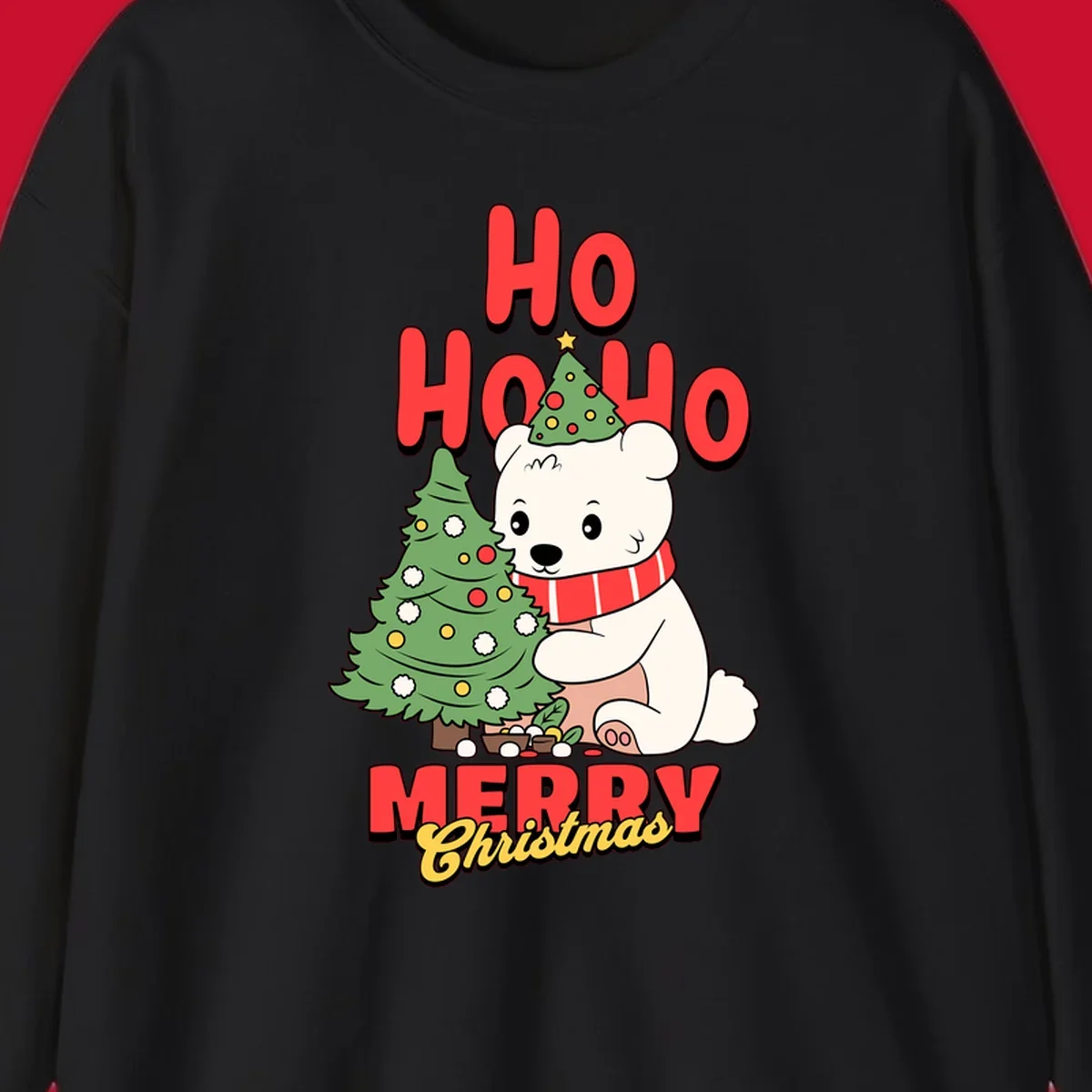Polar bear with christmas tree and text HO HO HO MERRY Christmas