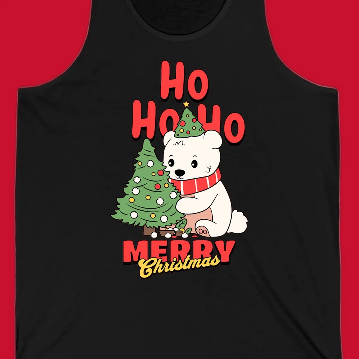 Polar bear with christmas tree and text HO HO HO MERRY Christmas