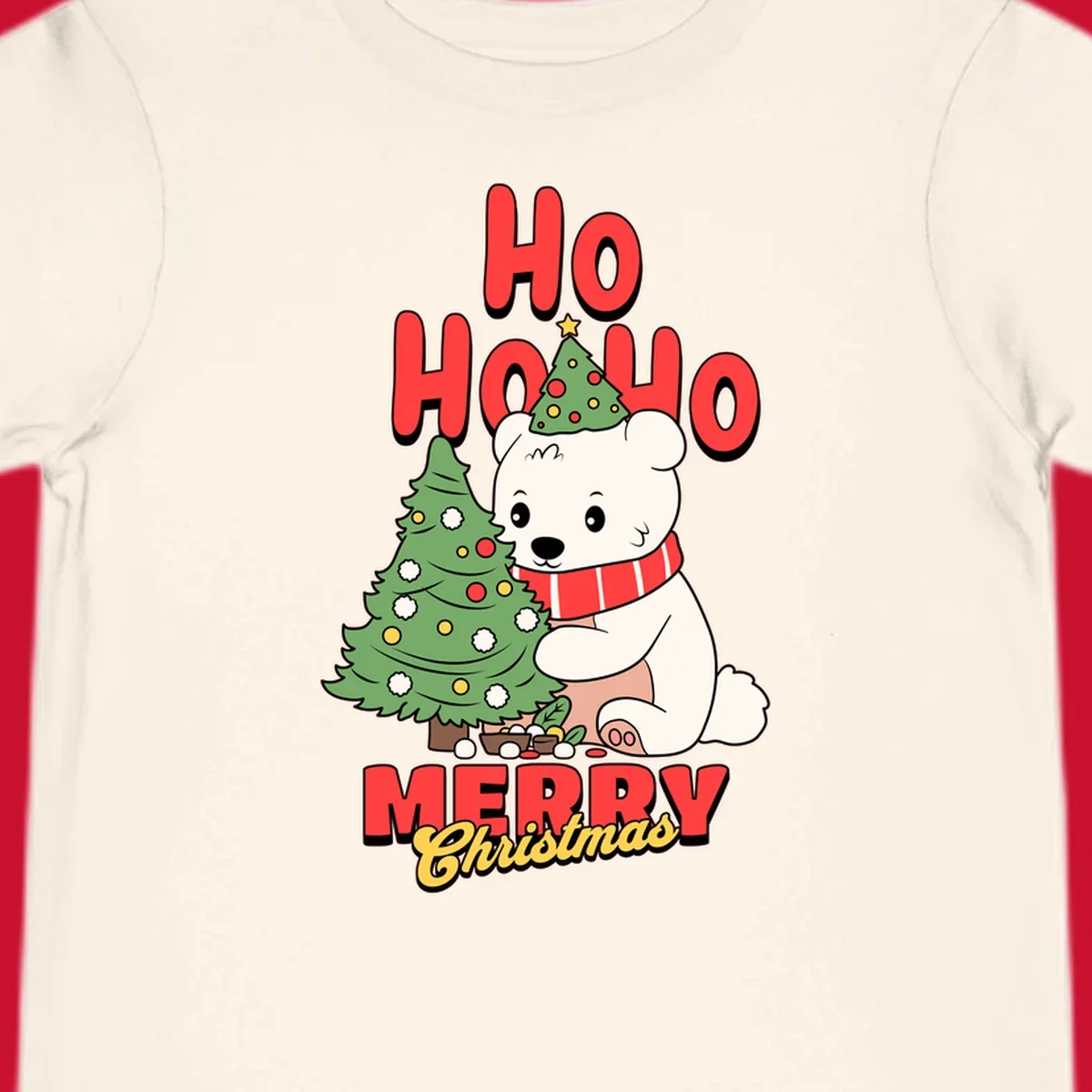 Polar bear with christmas tree and text HO HO HO MERRY Christmas