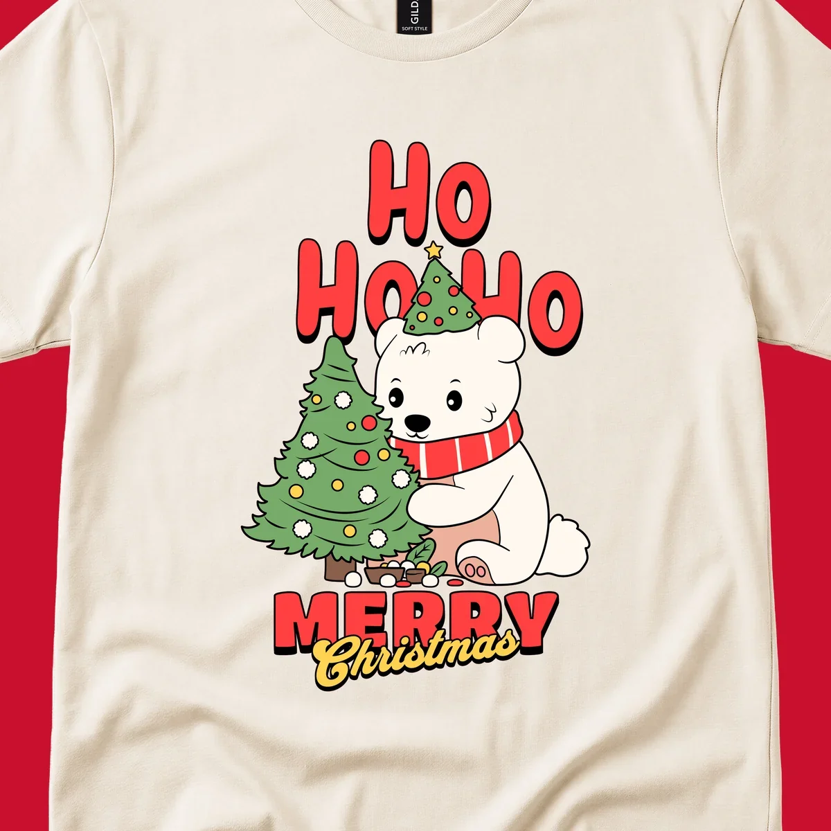 Polar bear with christmas tree and text HO HO HO MERRY Christmas