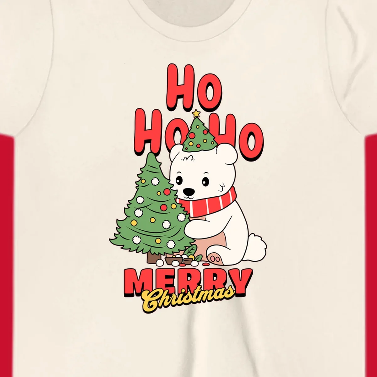 Polar bear with christmas tree and text HO HO HO MERRY Christmas