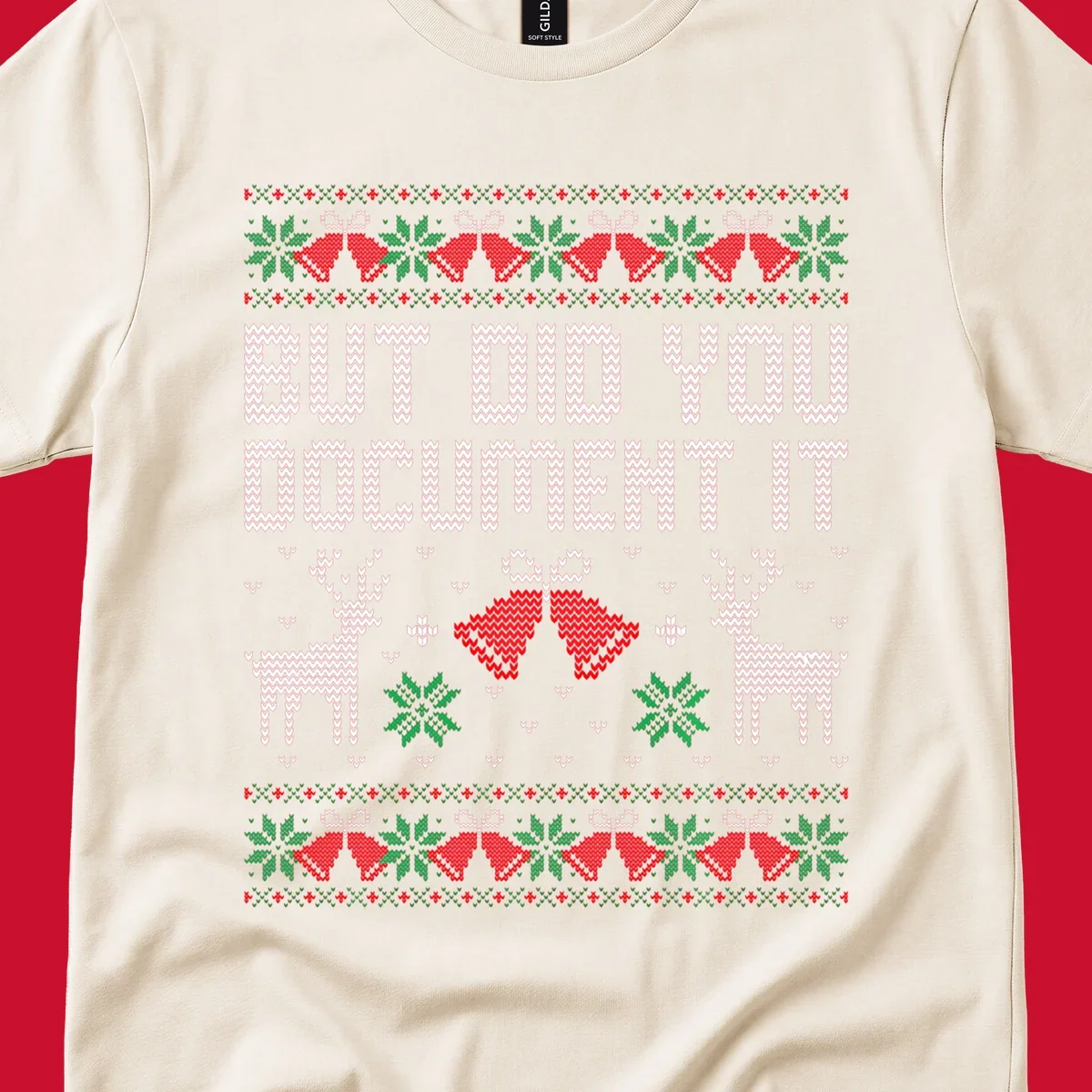 But Did You Document It ugly Christmas sweater with reindeer and bells.