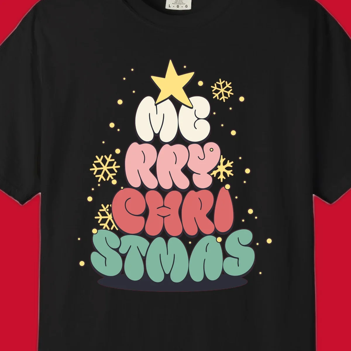 Retro bubble letter Christmas tree with snowflakes and star, text reads Merry Christmas.