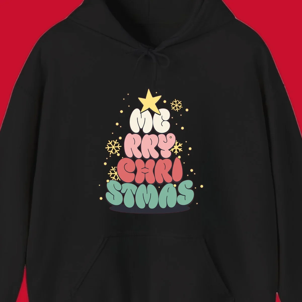 Retro bubble letter Christmas tree with snowflakes and star, text reads Merry Christmas.