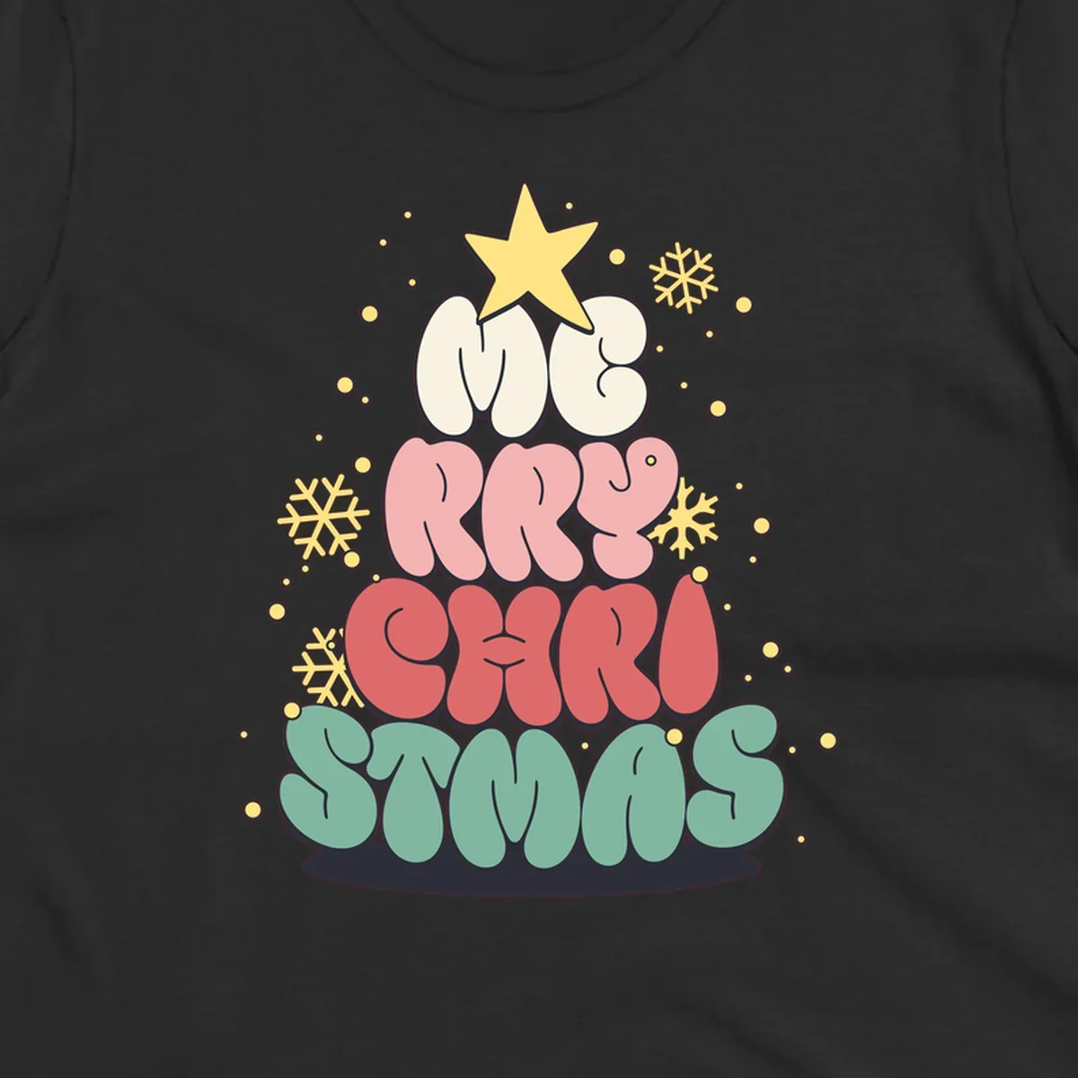 Retro bubble letter Christmas tree with snowflakes and star, text reads Merry Christmas.