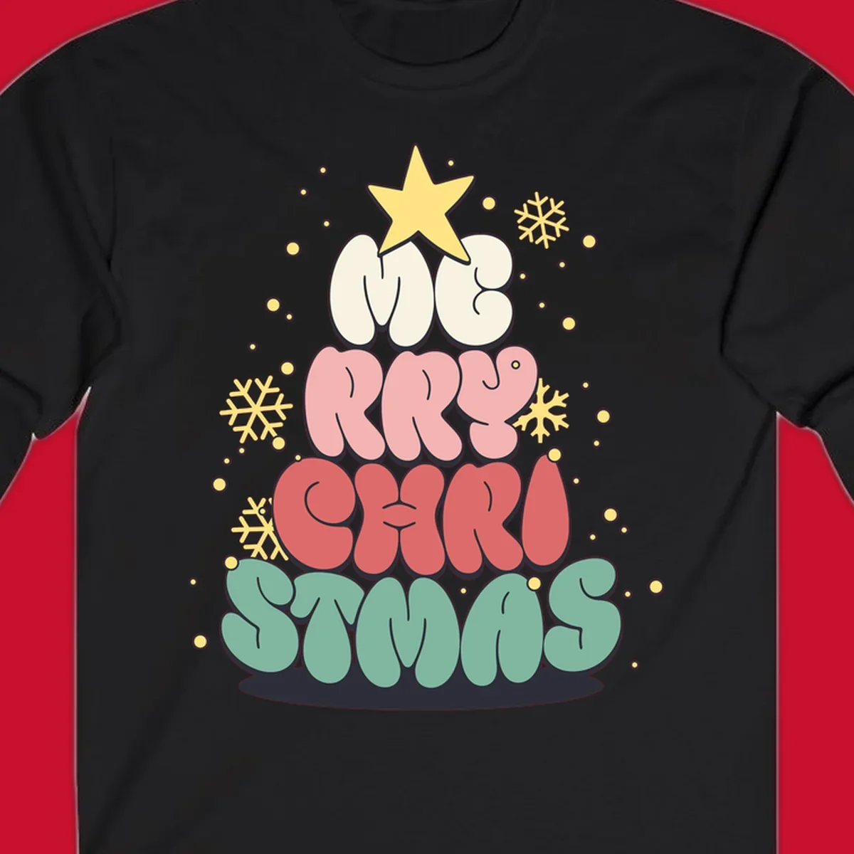 Retro bubble letter Christmas tree with snowflakes and star, text reads Merry Christmas.