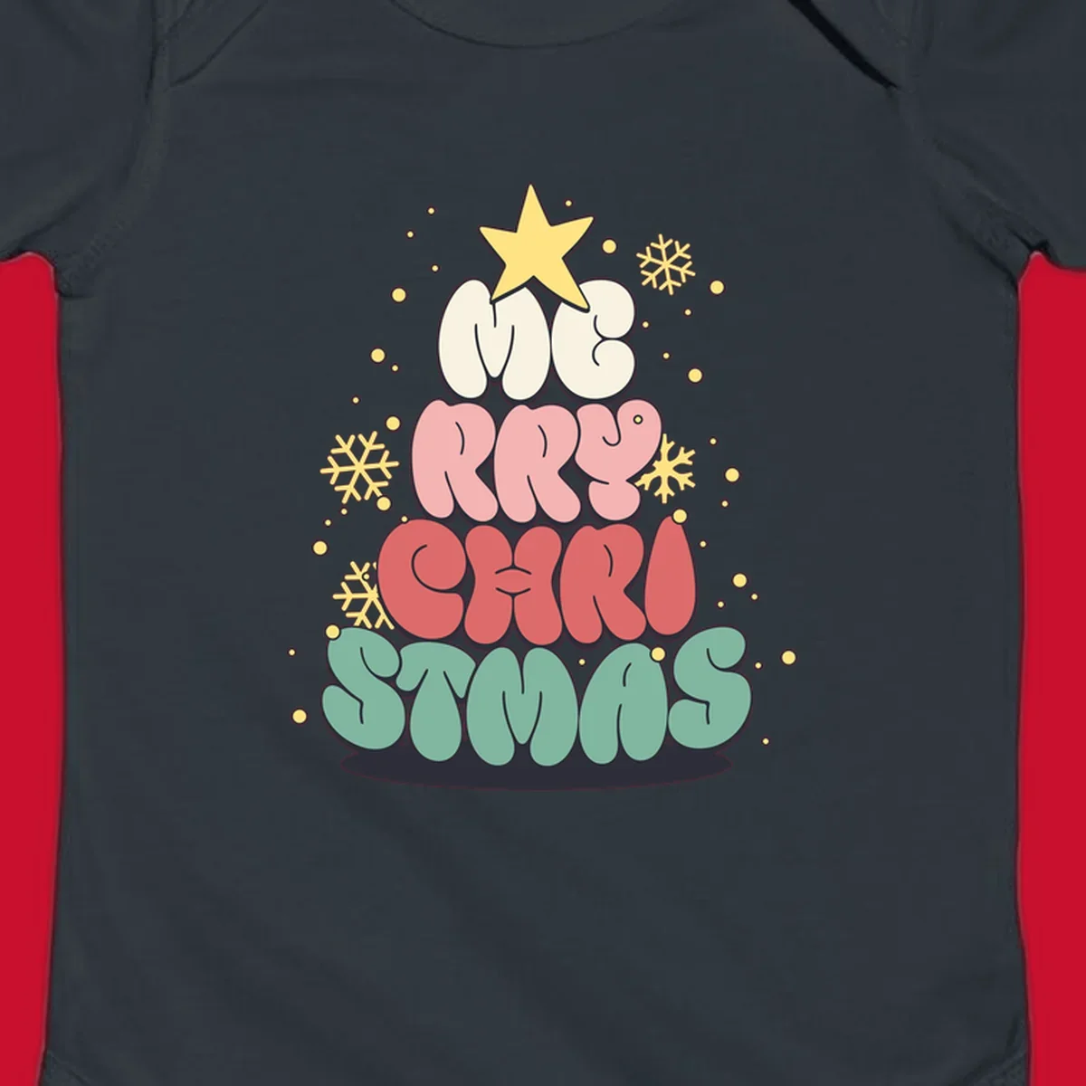 Retro bubble letter Christmas tree with snowflakes and star, text reads Merry Christmas.