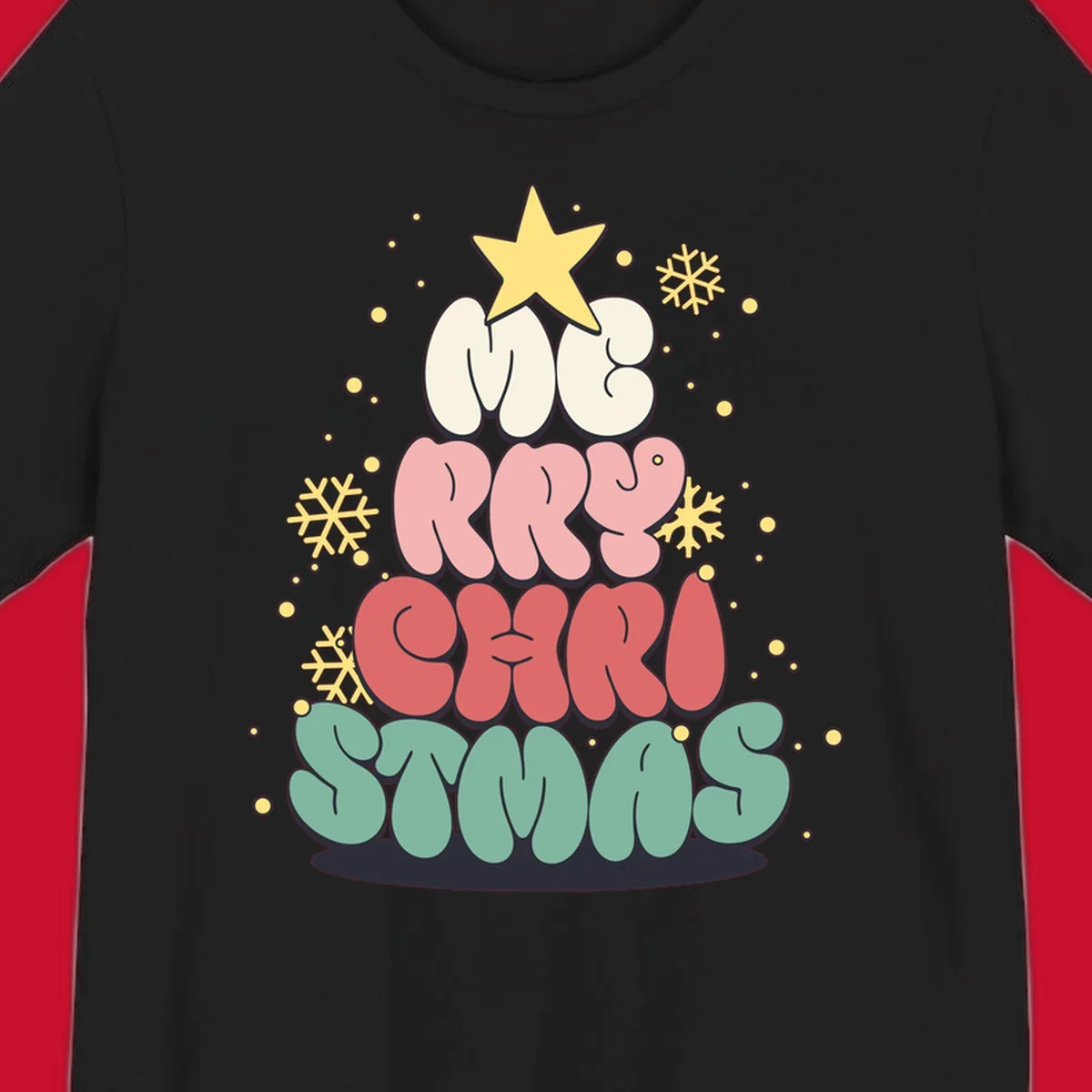 Retro bubble letter Christmas tree with snowflakes and star, text reads Merry Christmas.