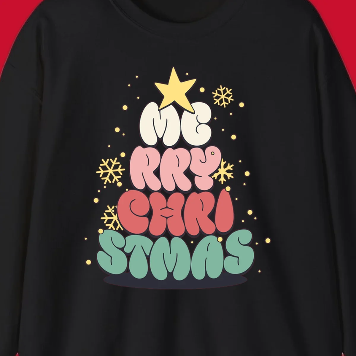 Retro bubble letter Christmas tree with snowflakes and star, text reads Merry Christmas.