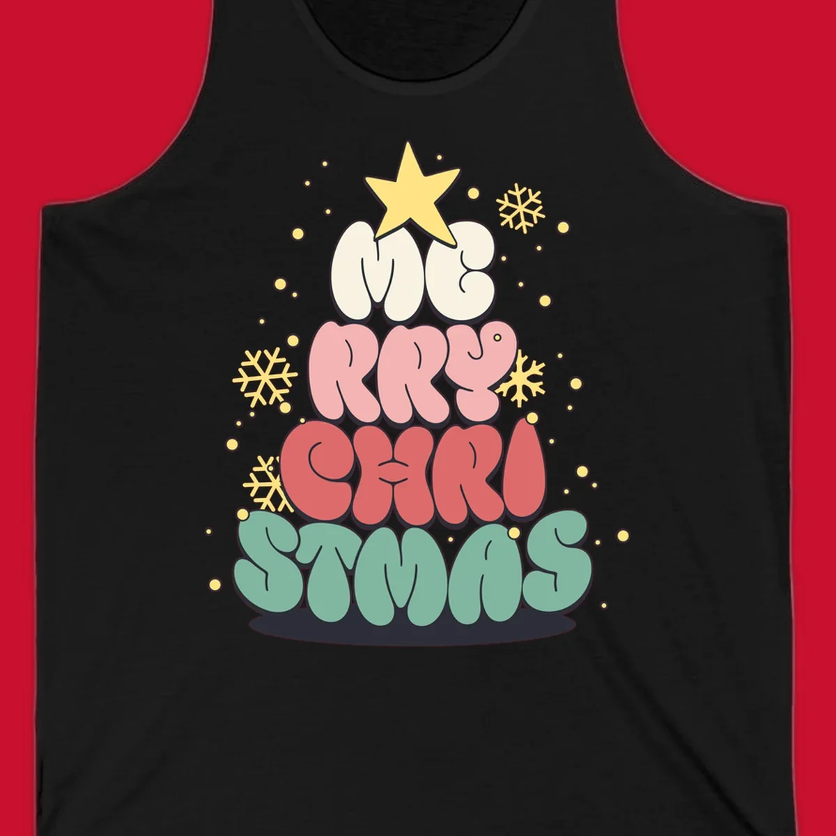 Retro bubble letter Christmas tree with snowflakes and star, text reads Merry Christmas.