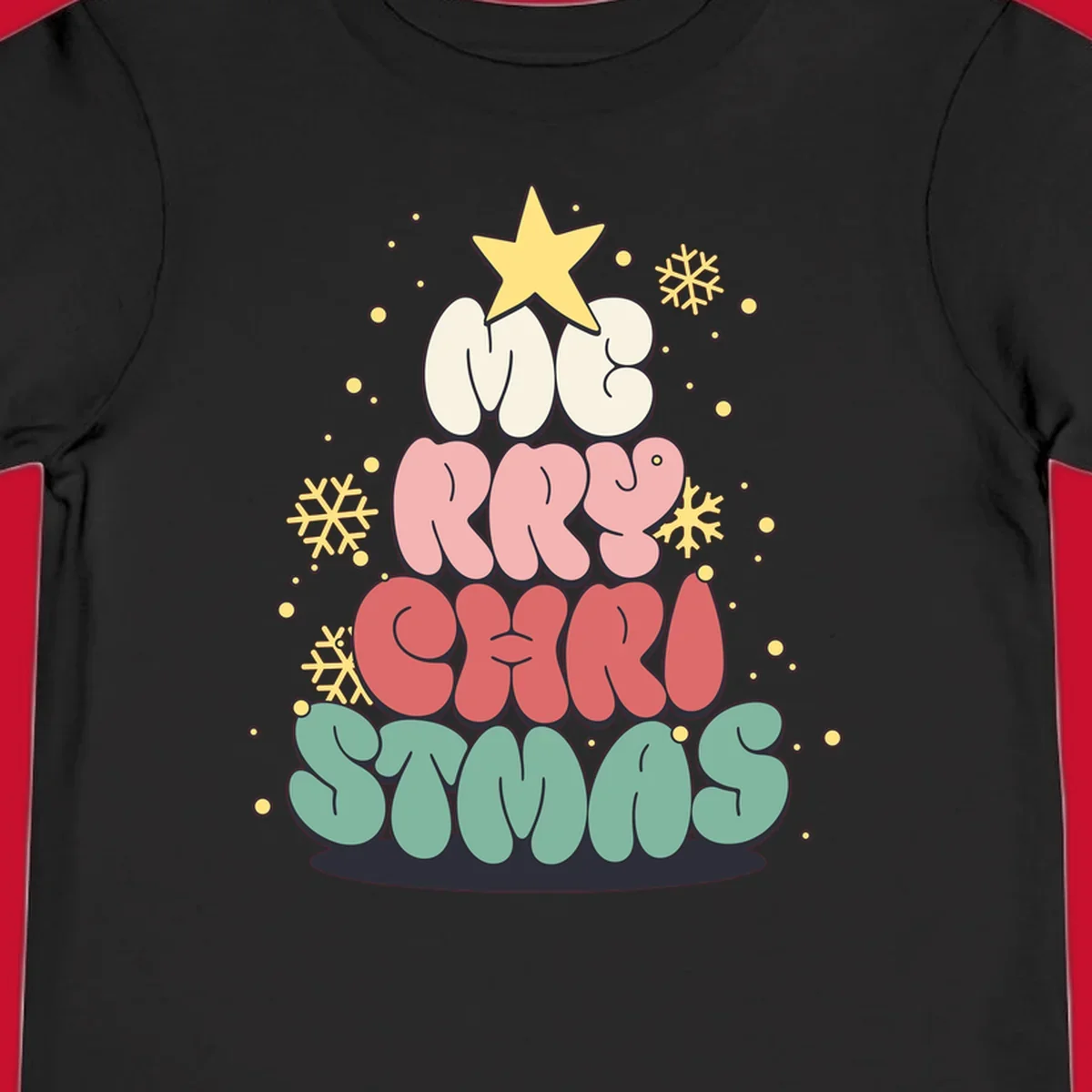 Retro bubble letter Christmas tree with snowflakes and star, text reads Merry Christmas.