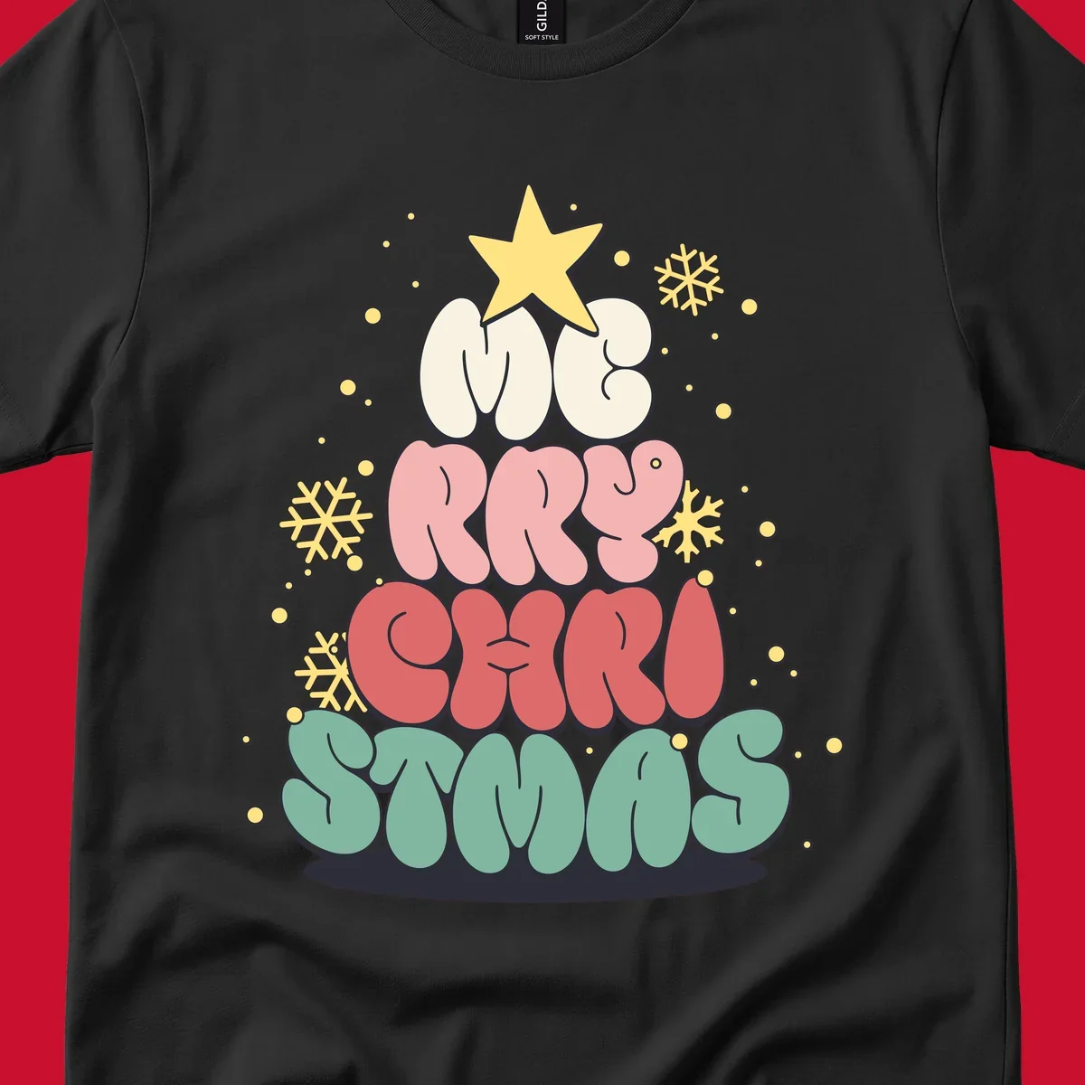Retro bubble letter Christmas tree with snowflakes and star, text reads Merry Christmas.