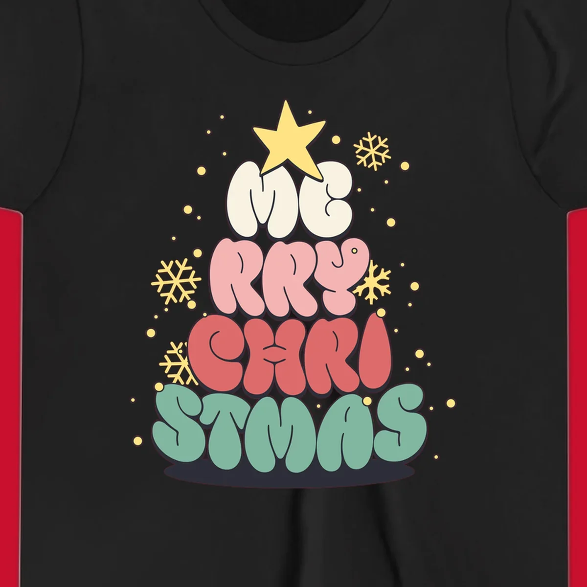 Retro bubble letter Christmas tree with snowflakes and star, text reads Merry Christmas.