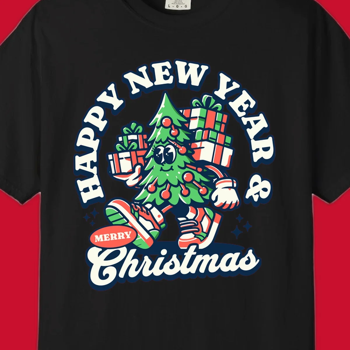 Christmas tree character with gifts and text saying Happy New Year & Merry Christmas.