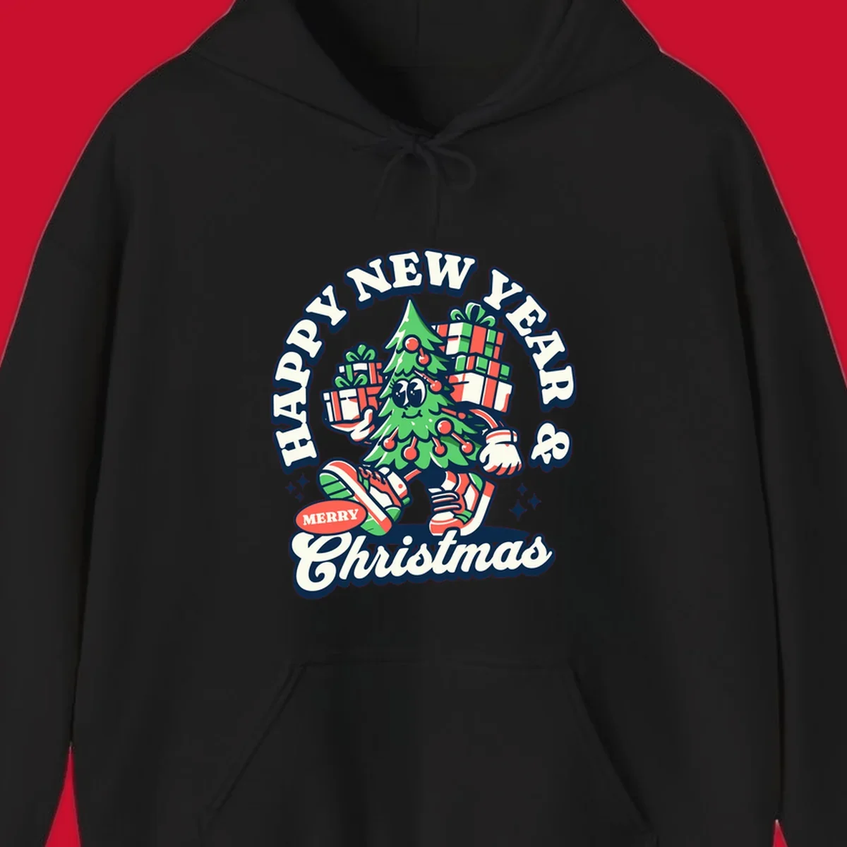 Christmas tree character with gifts and text saying Happy New Year & Merry Christmas.