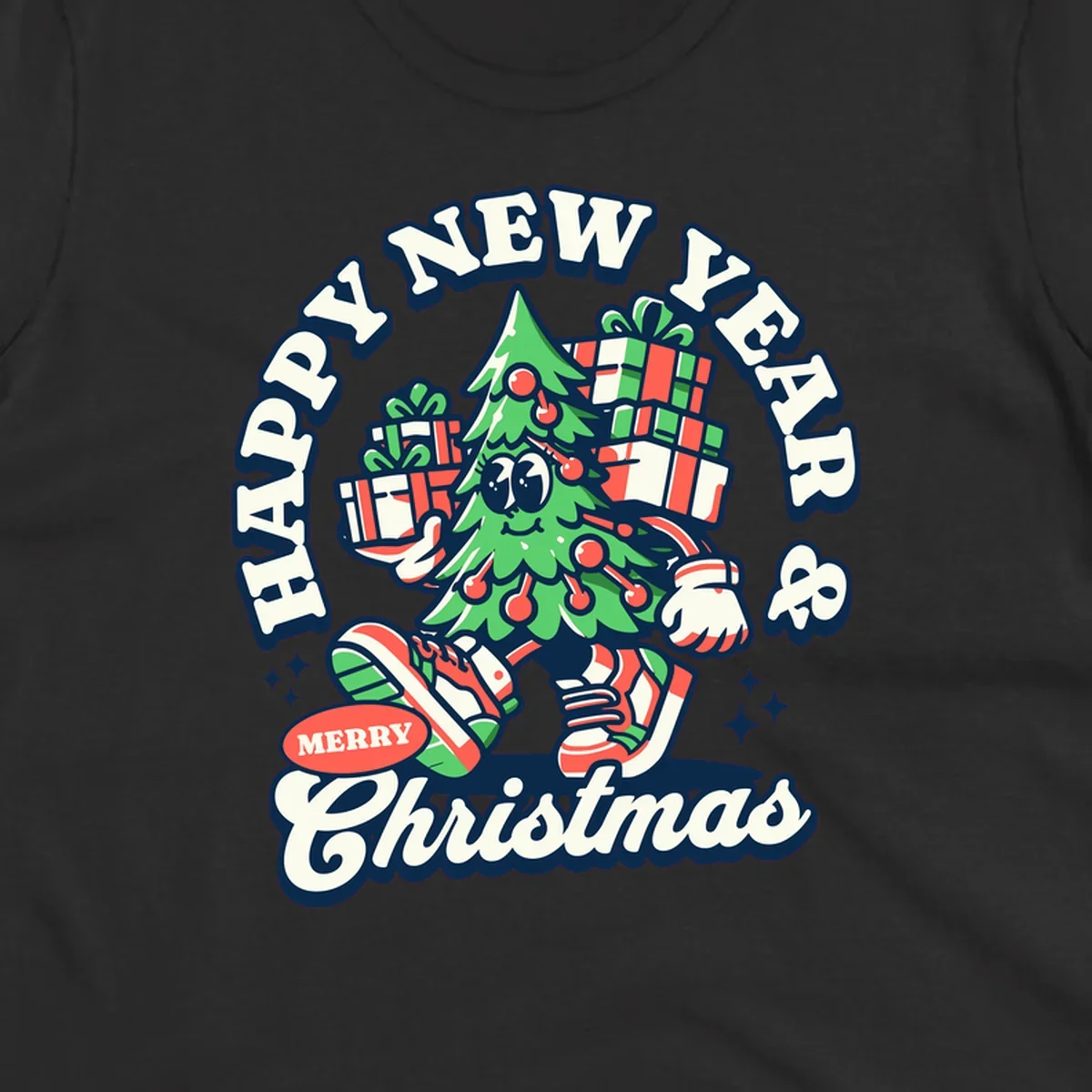 Christmas tree character with gifts and text saying Happy New Year & Merry Christmas.