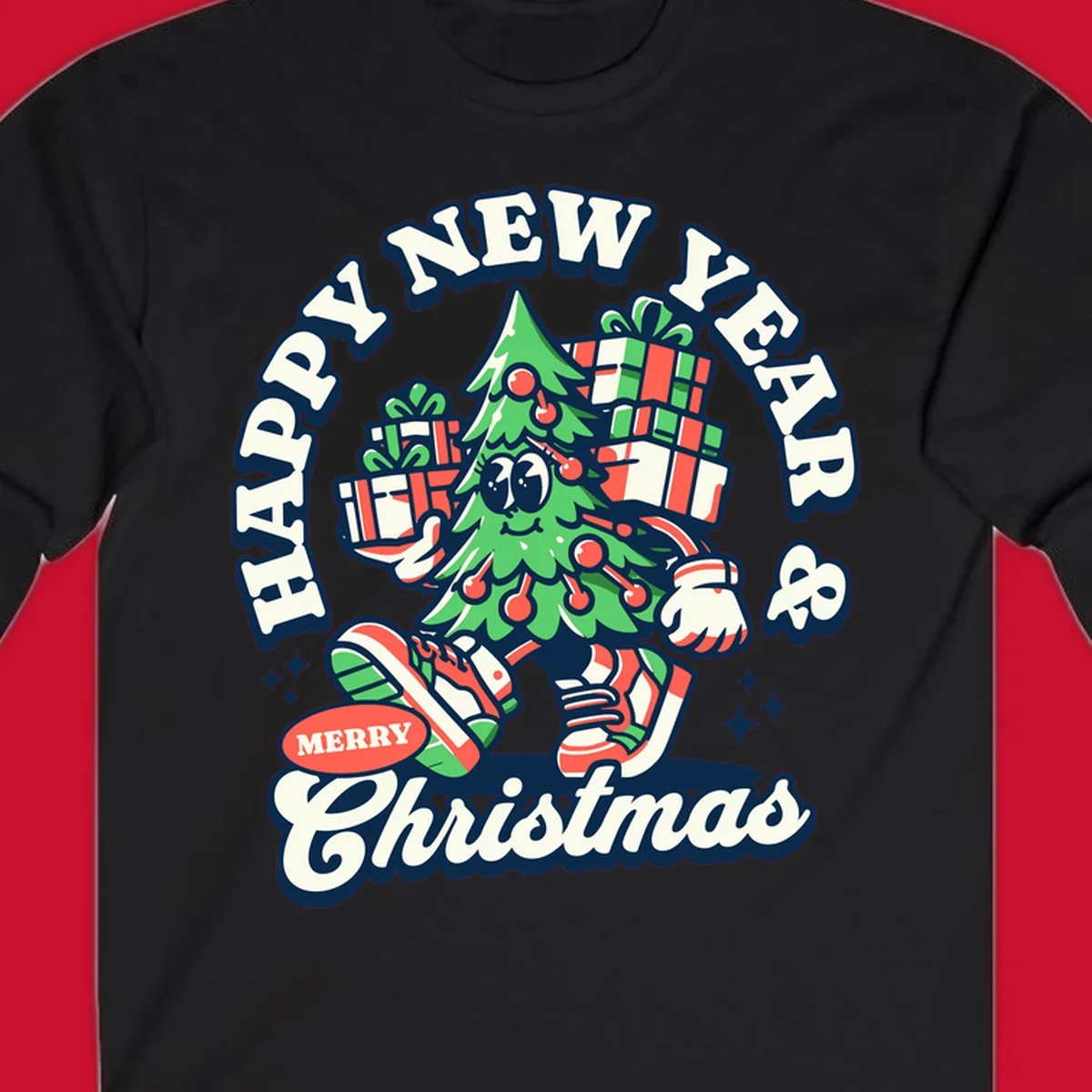Christmas tree character with gifts and text saying Happy New Year & Merry Christmas.