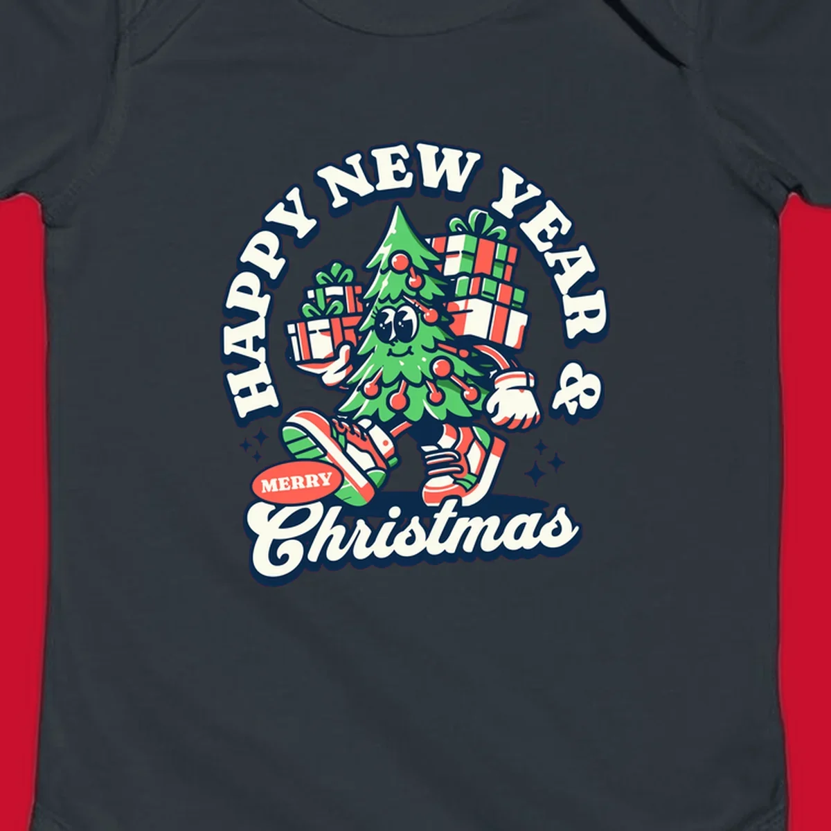 Christmas tree character with gifts and text saying Happy New Year & Merry Christmas.