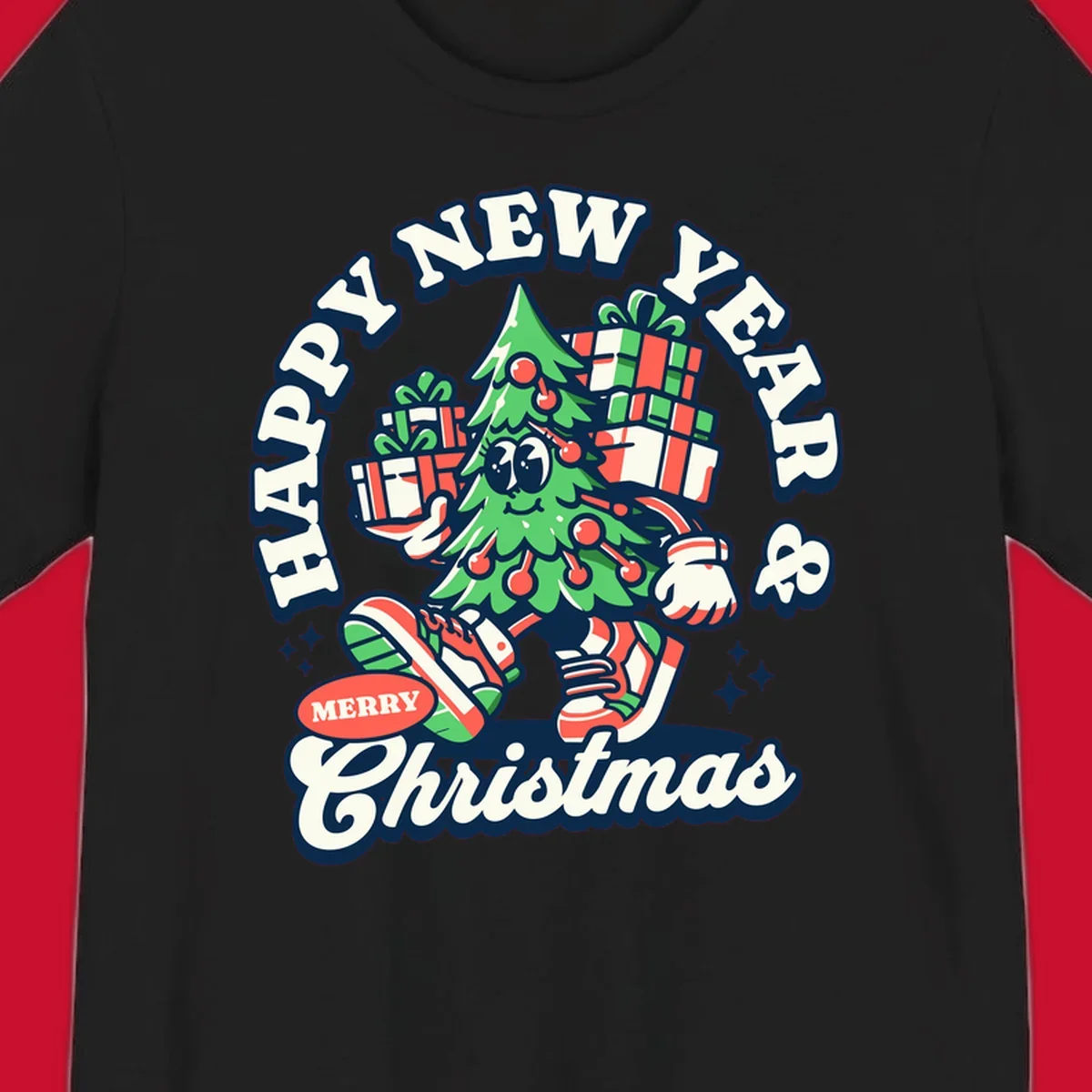 Christmas tree character with gifts and text saying Happy New Year & Merry Christmas.
