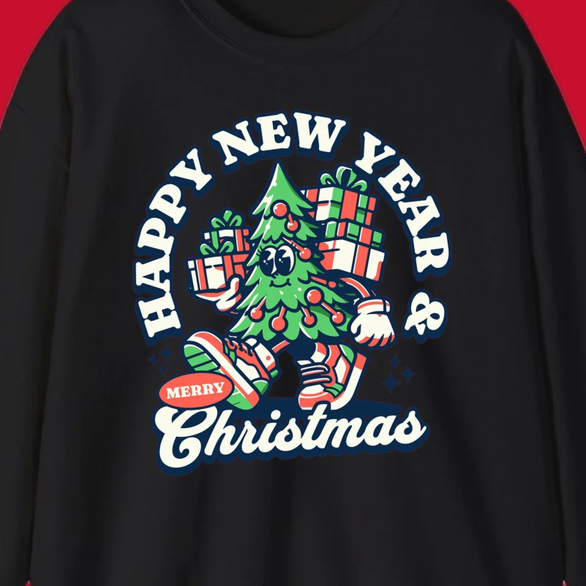 Christmas tree character with gifts and text saying Happy New Year & Merry Christmas.