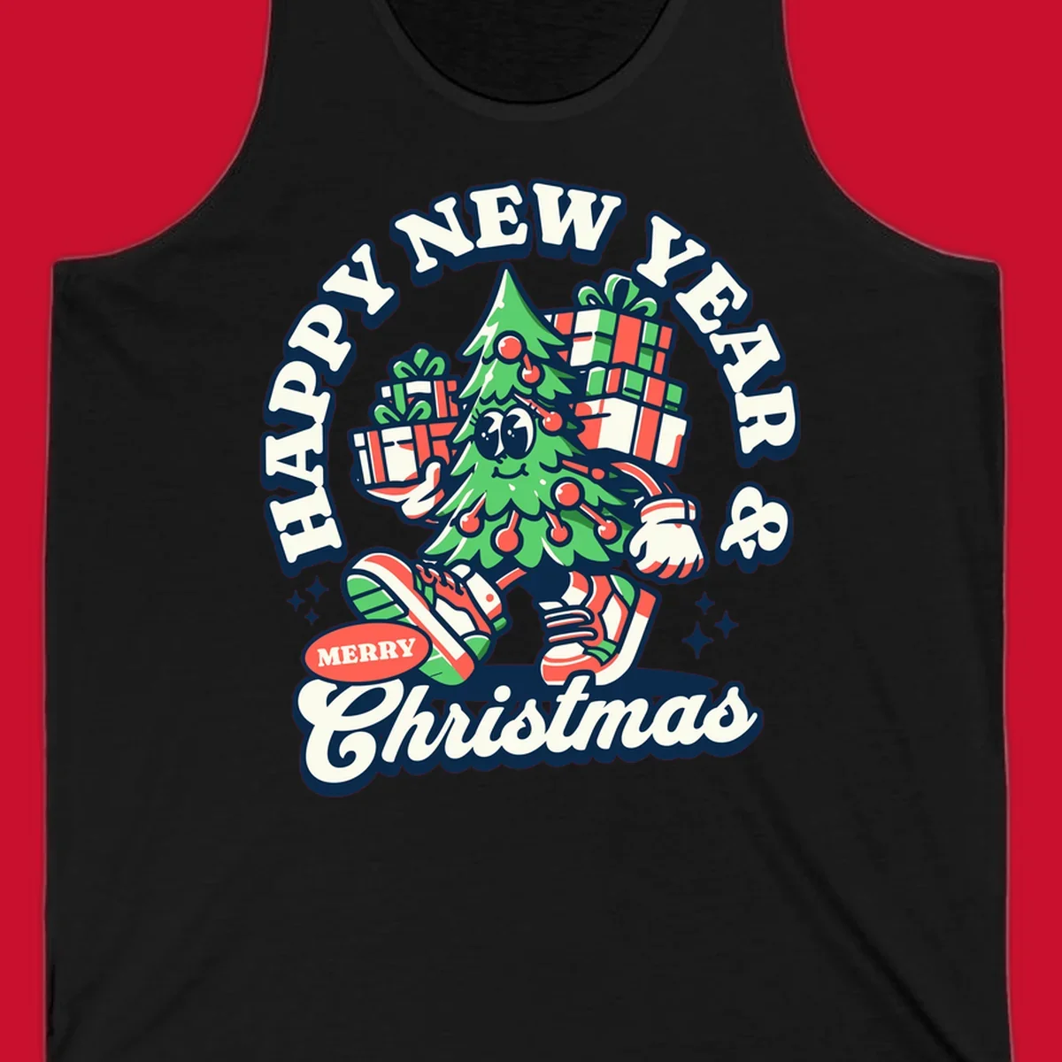 Christmas tree character with gifts and text saying Happy New Year & Merry Christmas.