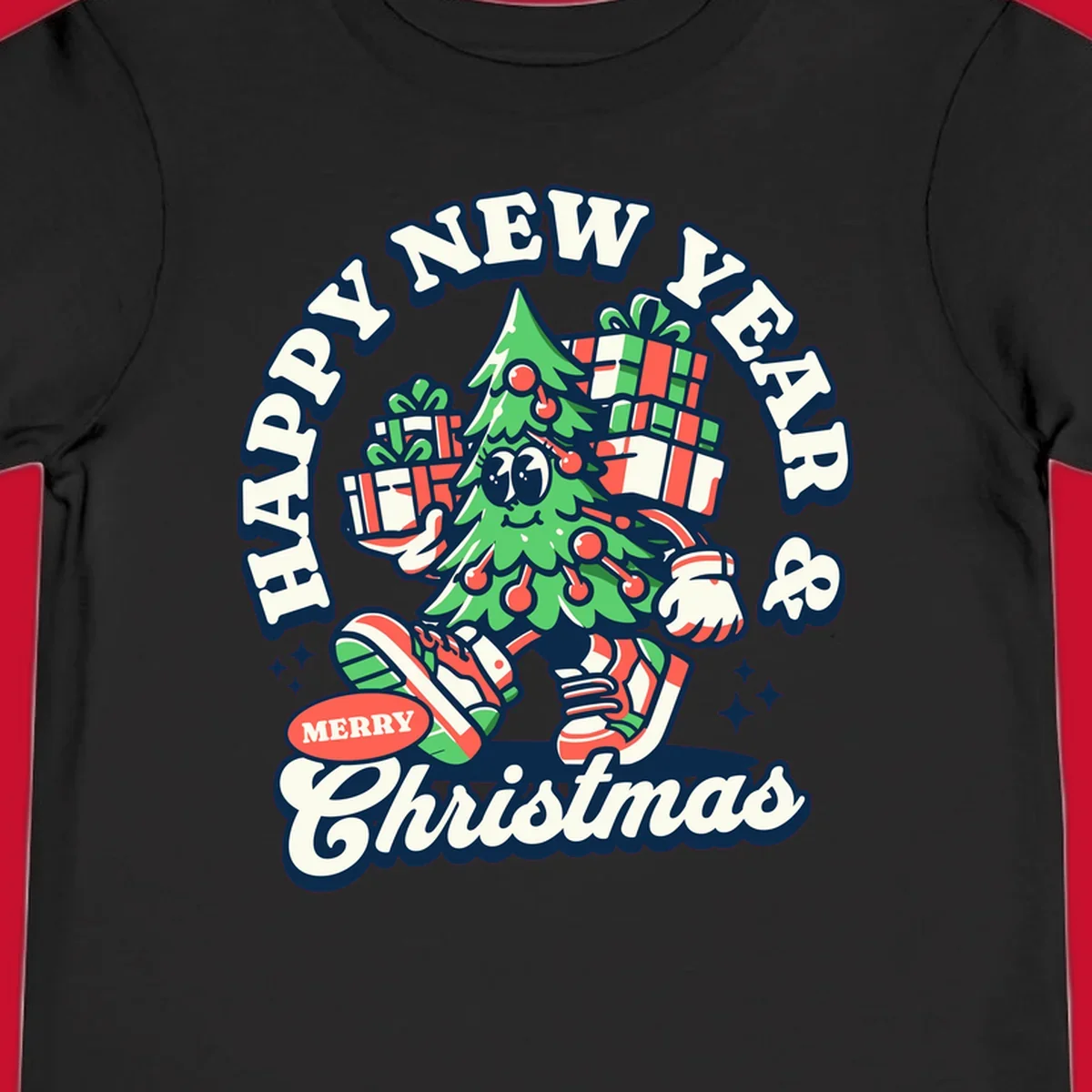 Christmas tree character with gifts and text saying Happy New Year & Merry Christmas.