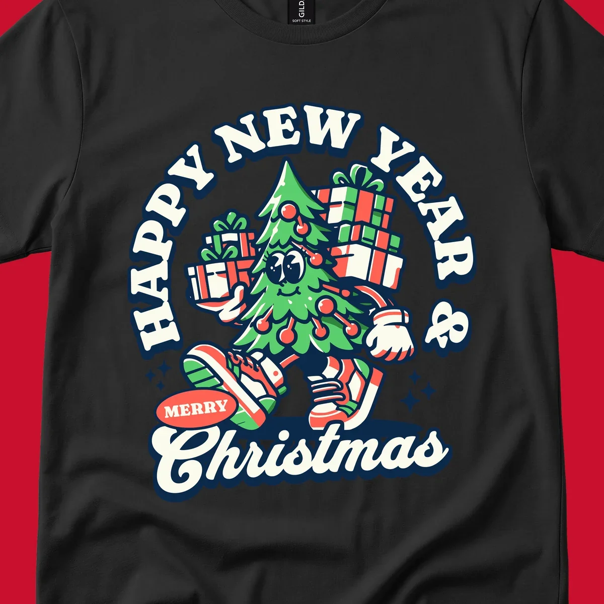 Christmas tree character with gifts and text saying Happy New Year & Merry Christmas.