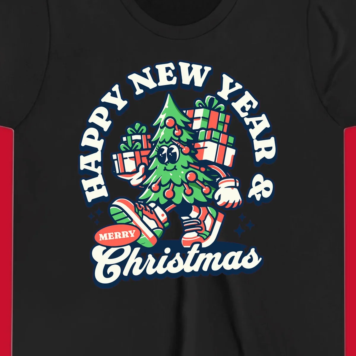Christmas tree character with gifts and text saying Happy New Year & Merry Christmas.