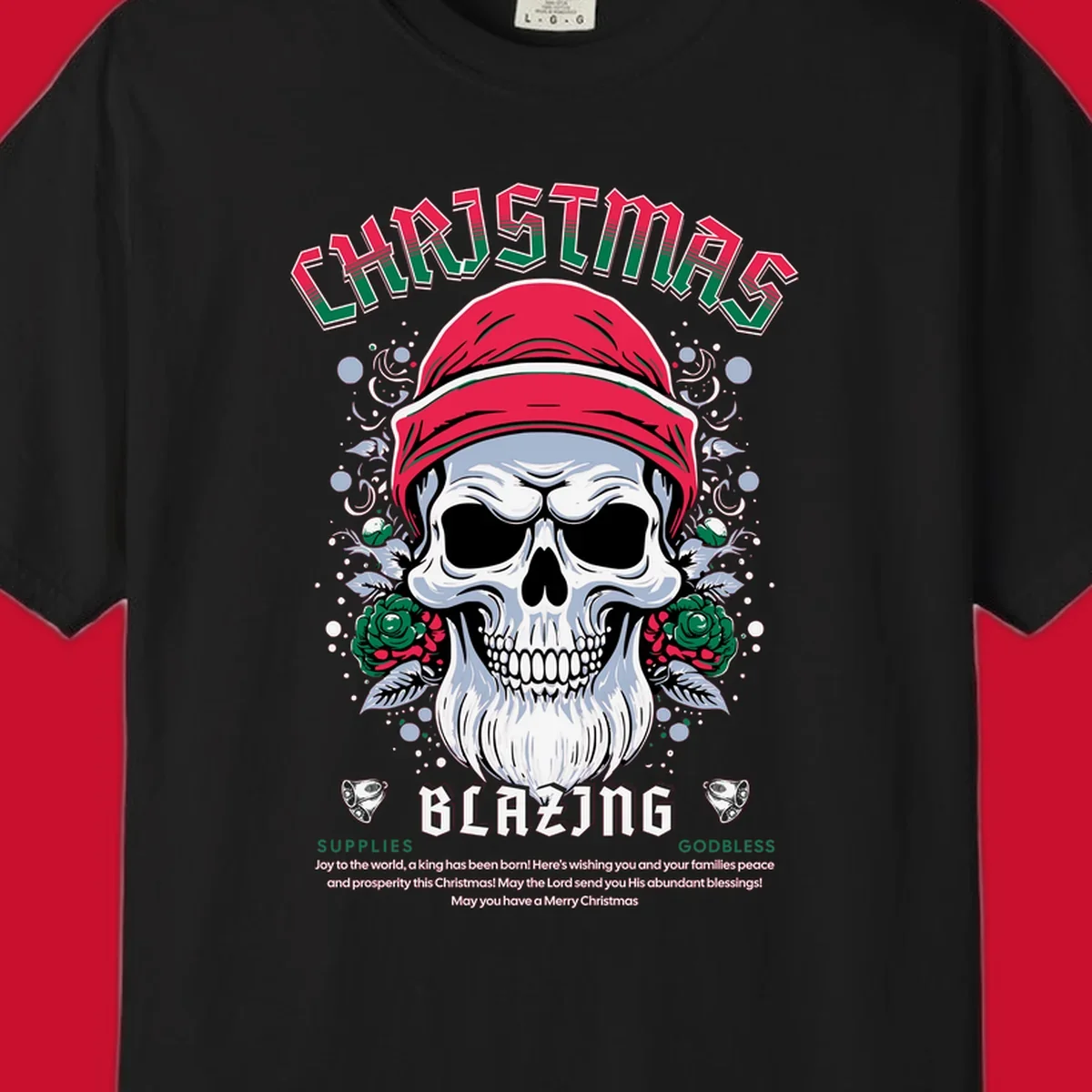 Skull wearing a Santa hat with roses and the text CHRISTMAS BLAZING, for a loud Christmas design.