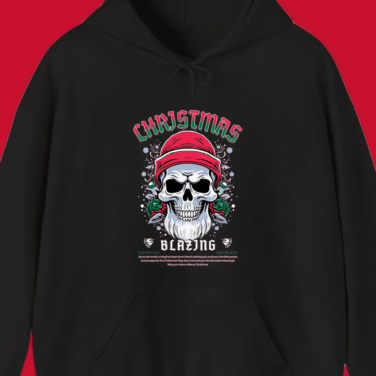 Skull wearing a Santa hat with roses and the text CHRISTMAS BLAZING, for a loud Christmas design.