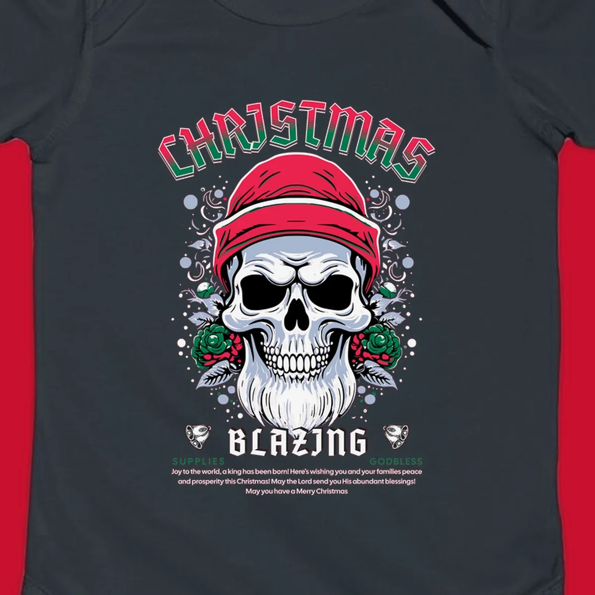 Skull wearing a Santa hat with roses and the text CHRISTMAS BLAZING, for a loud Christmas design.