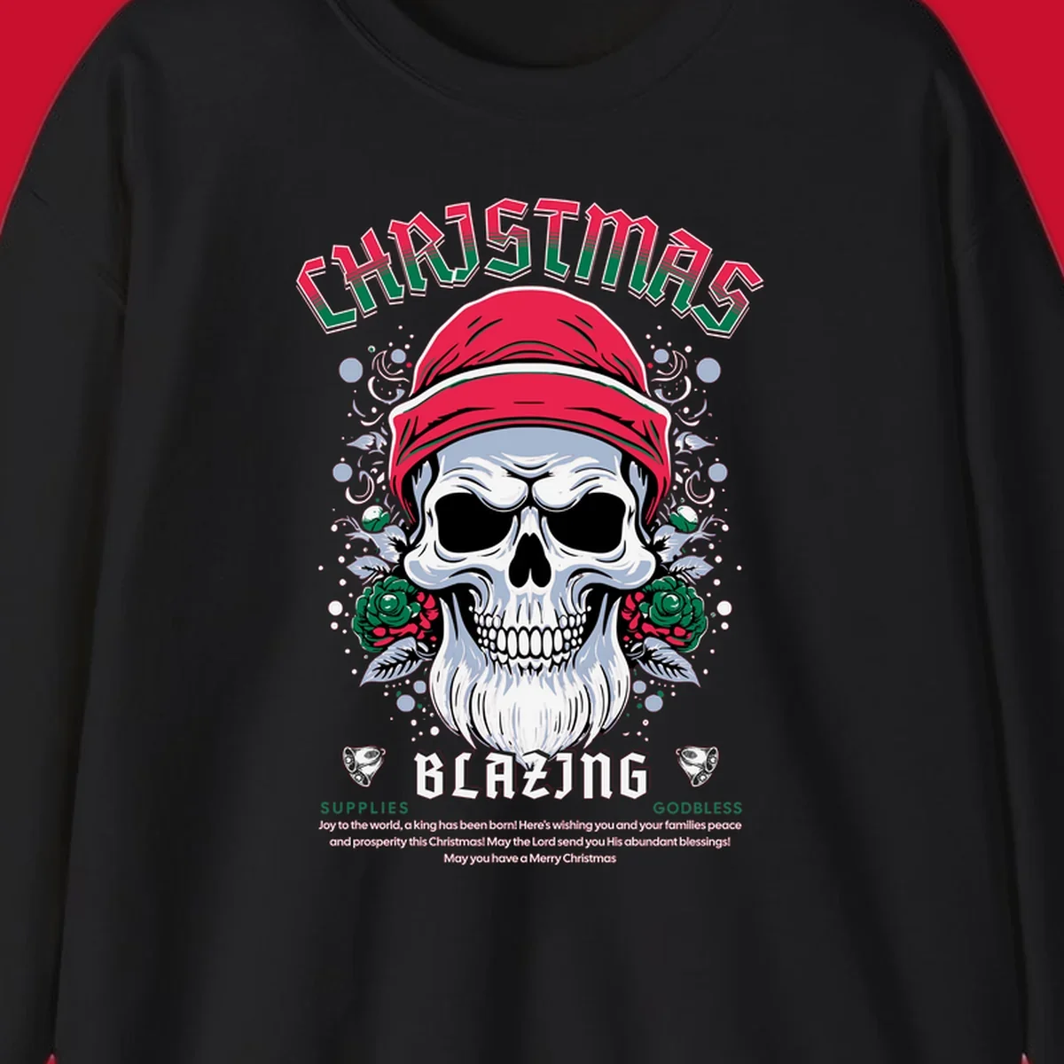 Skull wearing a Santa hat with roses and the text CHRISTMAS BLAZING, for a loud Christmas design.